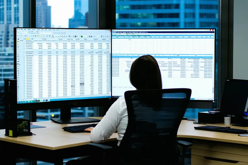 Finance professional working at a desk with dual monitors showing spreadsheets and a modern software dashboard in a Financial District office