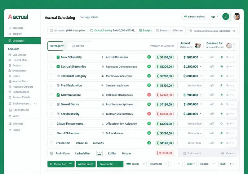Accrual scheduler interface showing scheduled accrual entries with amounts, categories, and variance flags