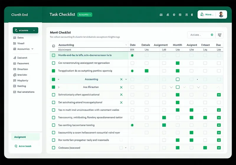 Close checklist feature showing task list with assigned owners, due dates, and status tracking for month-end close activities