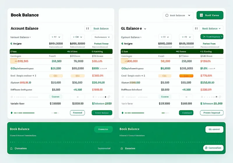 Reconciliation template interface showing GL account balance matching and variance identification