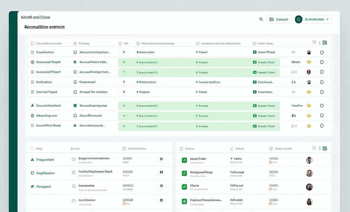 Closegrove dashboard showing a month-end close checklist with task assignments, due dates, and completion status by category